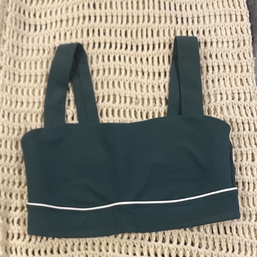 All in Motion butter Dark Green sports bra with White Trim